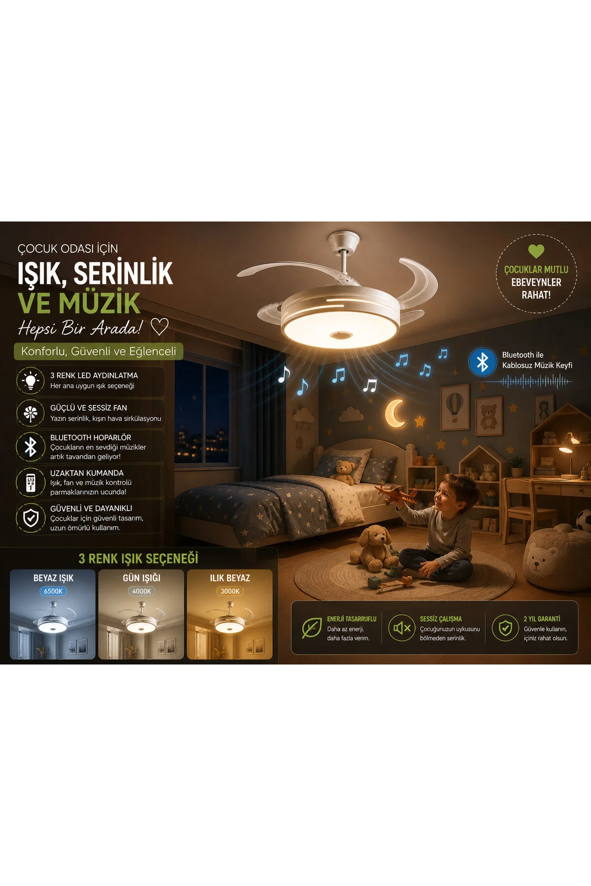 Etrion LED Tavan Fanı Bluetooth Hoparlörlü | 3 Renk Işık, 6 Kademe Hız, Uzaktan Kumandalı, Sessiz Motor, Modern Avize Fan