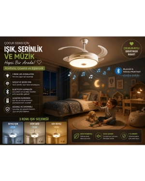 Etrion LED Tavan Fanı Bluetooth Hoparlörlü | 3 Renk Işık, 6 Kademe Hız, Uzaktan Kumandalı, Sessiz Motor, Modern Avize Fan