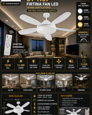 CATA CT-1157 Fırtına Fan LED Tavan Vantilatörü 122W Kumandalı Dimmerli 3 Renk Aydınlatma 13380 Lümen