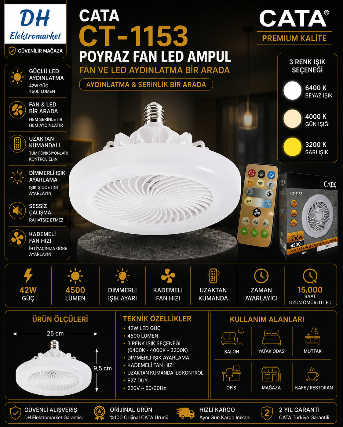 CATA CT-1153 Poyraz Fan LED Ampul 42W Kumandalı Dimmerli E27 3 Renk 4500 Lümen
