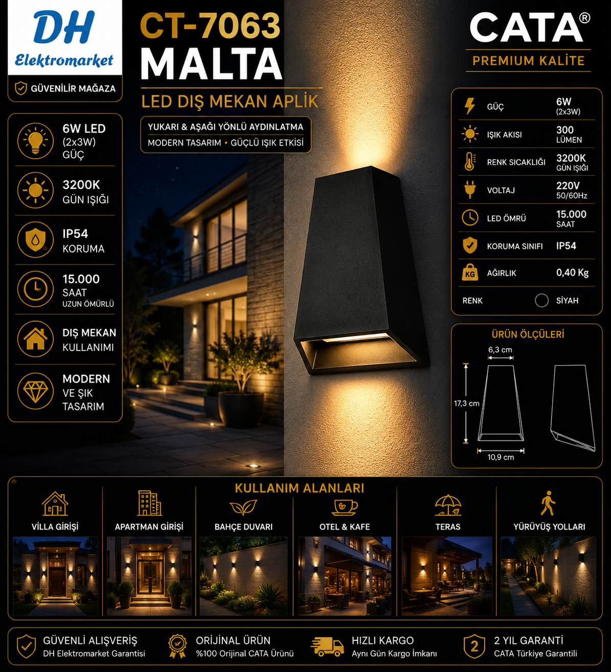 CATA CT-7063 Malta LED Dış Mekan Aplik 6W IP54 3200K Gün Işığı Siyah Duvar Apliği