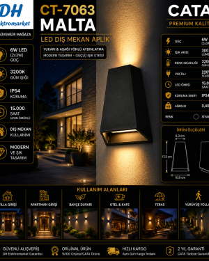CATA CT-7063 Malta LED Dış Mekan Aplik 6W IP54 3200K Gün Işığı Siyah Duvar Apliği