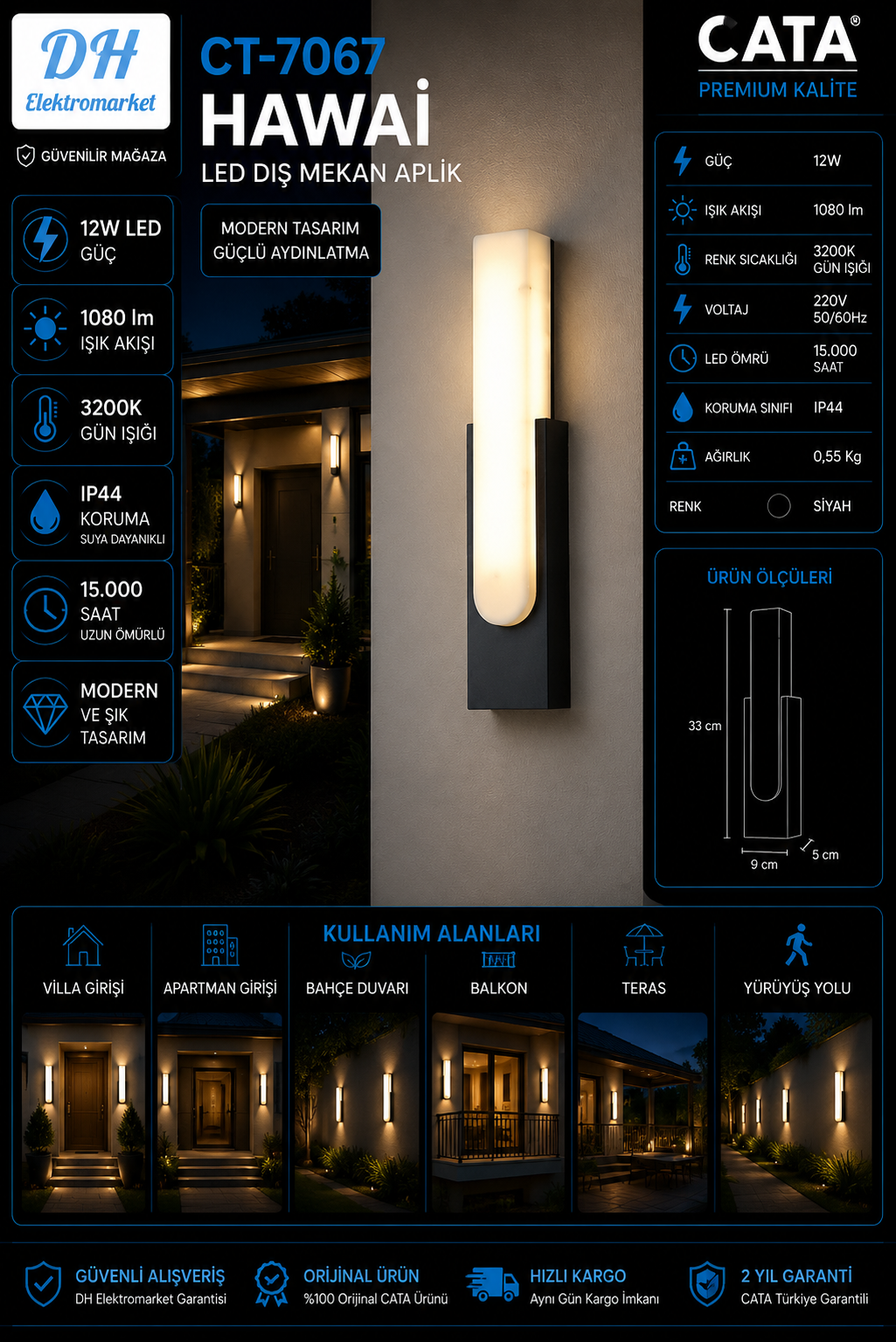 CATA CT-7067 HAWAİ 12W LED Dış Mekan Aplik – IP44 Suya Dayanıklı Modern Duvar Aydınlatması