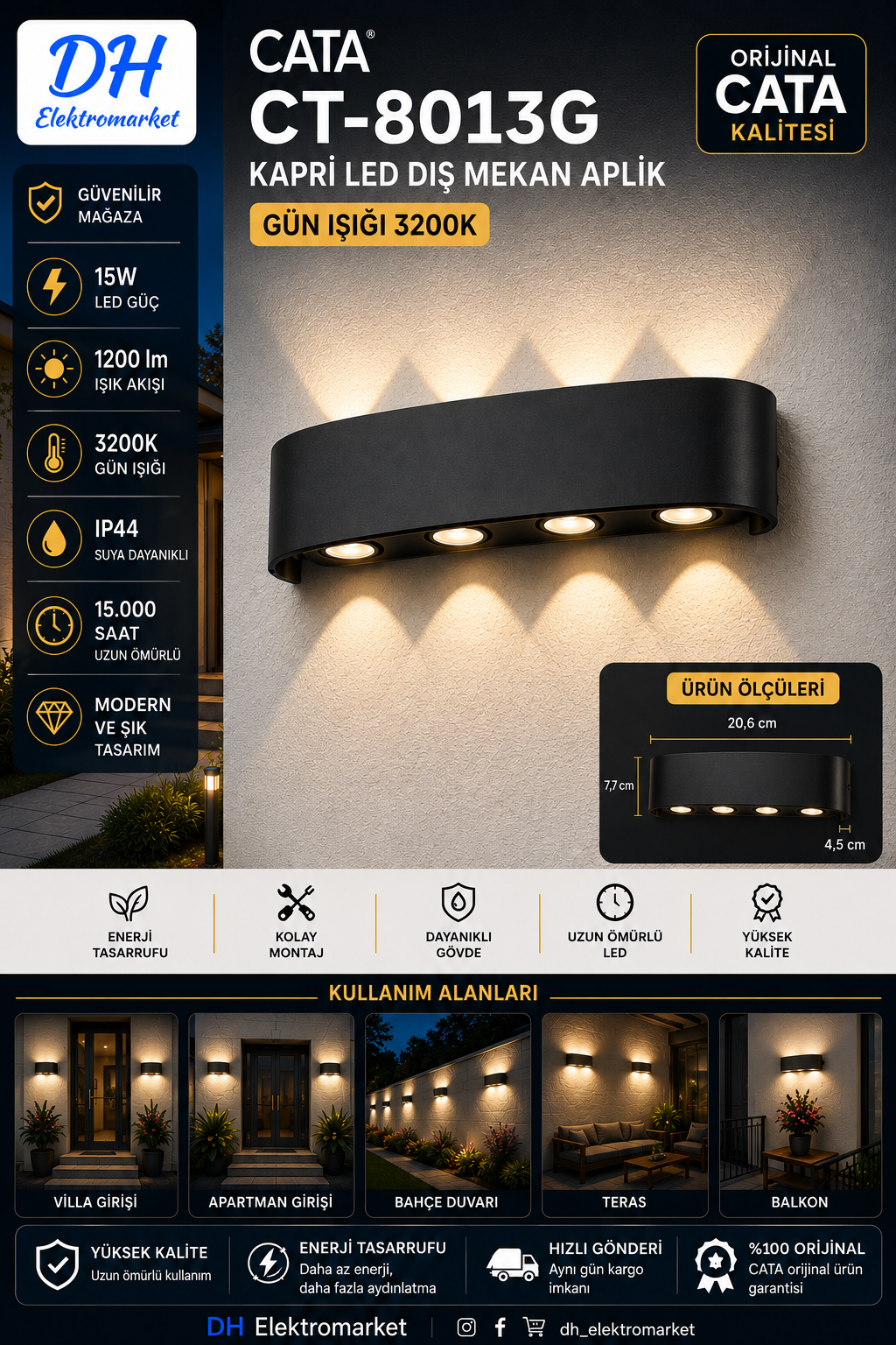 CATA CT-8013G KAPRİ 15W LED Dış Mekan Aplik (Gün Işığı) – IP44 Modern Duvar Aydınlatması