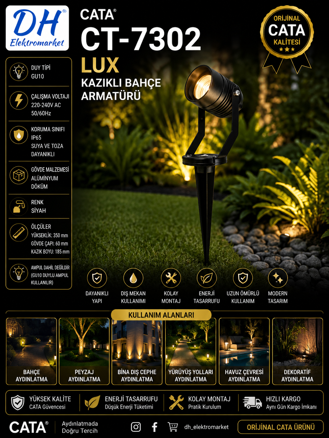 CATA CT-7302 Lux Kazıklı Bahçe Armatürü GU10 IP65 Siyah Dış Mekan Aydınlatma (Ampulsüz)
