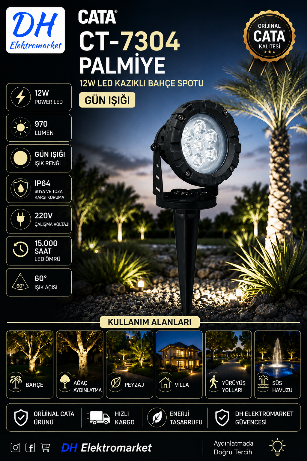 CATA CT-7304 Palmiye 12W LED Kazıklı Bahçe Spotu Gün Işığı IP64 Dış Mekan Aydınlatma