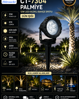 CATA CT-7304 Palmiye 12W LED Kazıklı Bahçe Spotu Gün Işığı IP64 Dış Mekan Aydınlatma