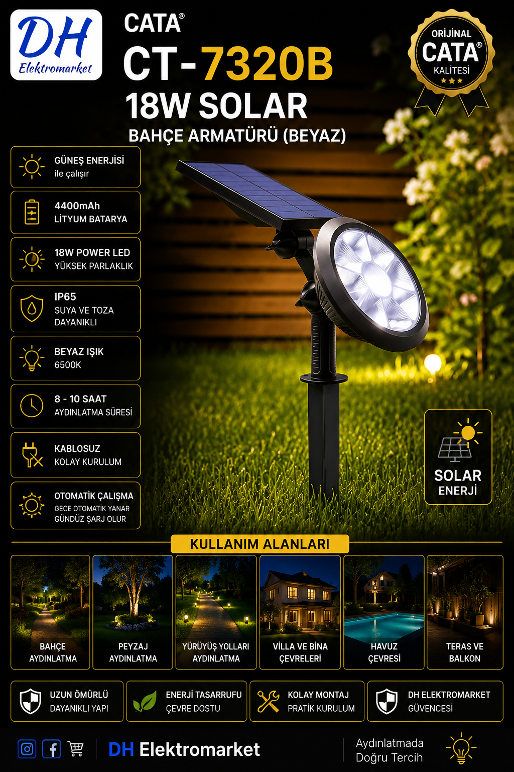 CATA CT-7320B 18W Solar Bahçe Armatürü Beyaz IP65 Güneş Enerjili Bahçe Lambası