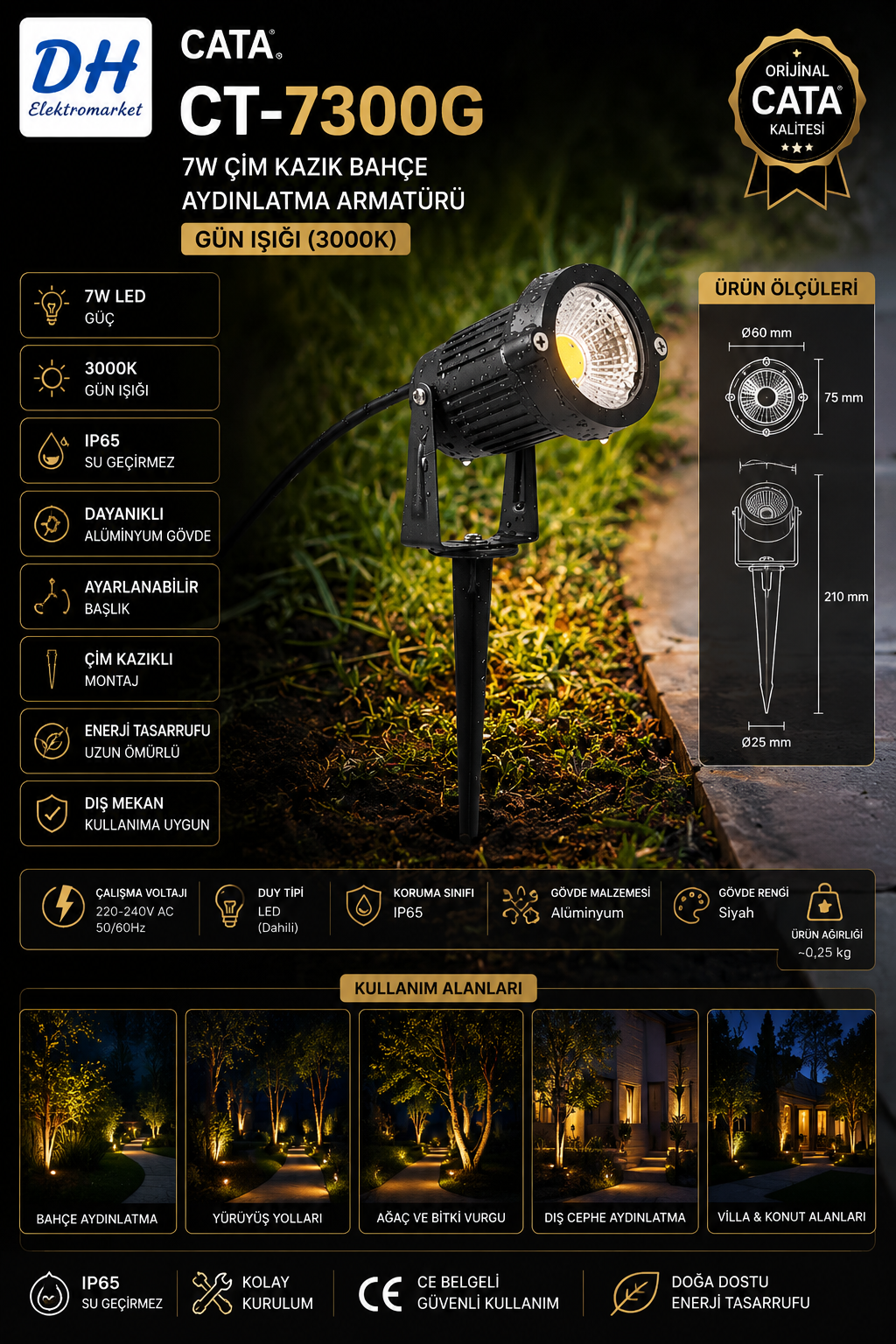 CATA CT-7300G 7W Çim Kazık Bahçe Aydınlatma Armatürü Gün Işığı (3000K) IP65 Dış Mekan LED Spot