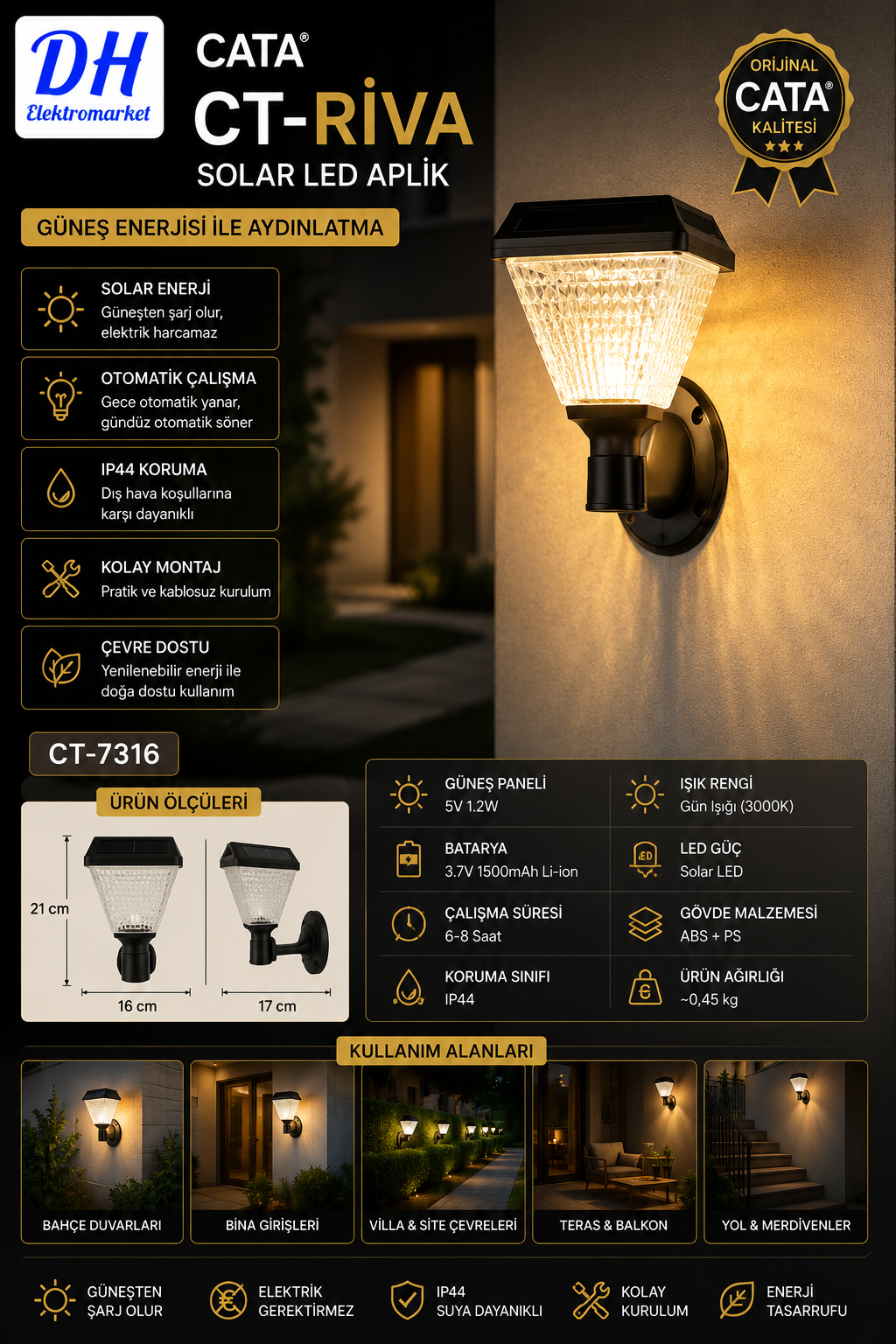 CATA CT-7316 Riva Solar LED Aplik Gün Işığı IP44 Güneş Enerjili Dış Mekan Duvar Apliği