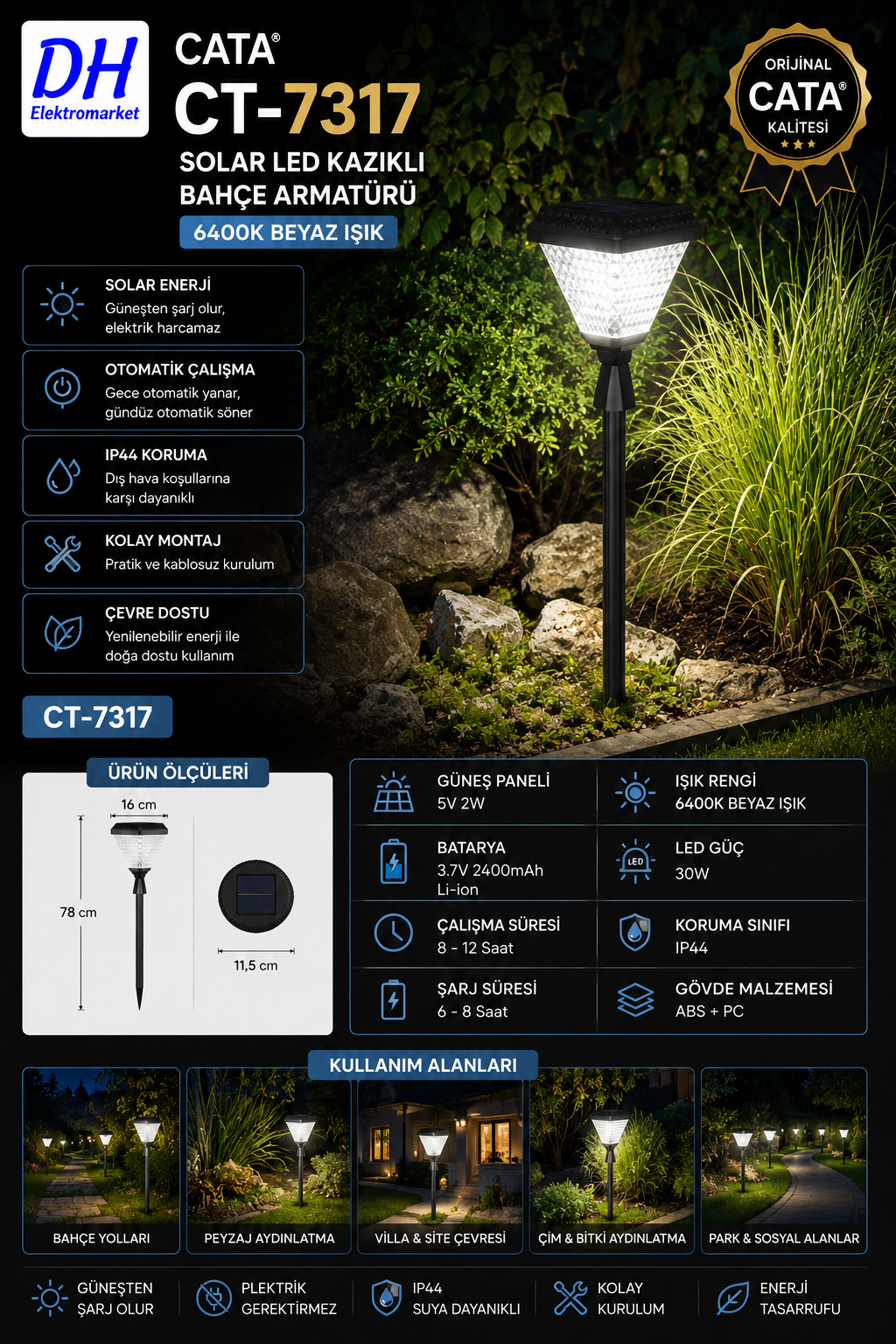 CATA CT-7317 Solar LED Kazıklı Bahçe Armatürü 30W 6400K Beyaz IP44 Güneş Enerjili Dış Mekan Aydınlatma