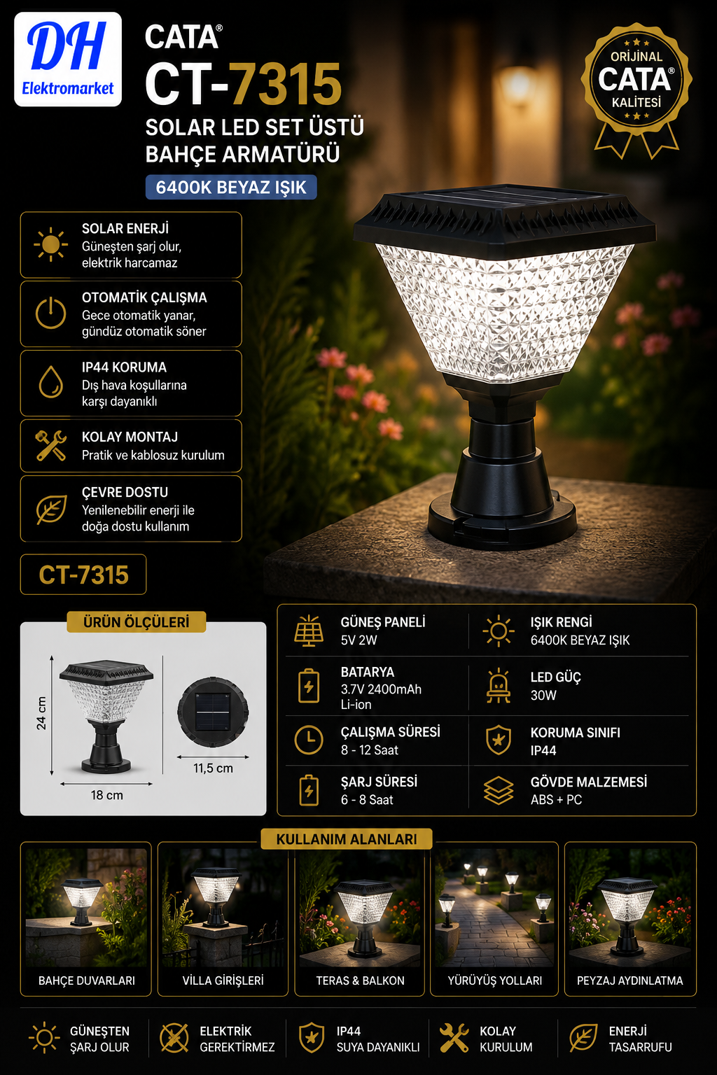 CATA CT-7315 Solar LED Set Üstü Bahçe Armatürü 30W 6400K Beyaz IP44 Güneş Enerjili Dış Mekan Aydınlatma