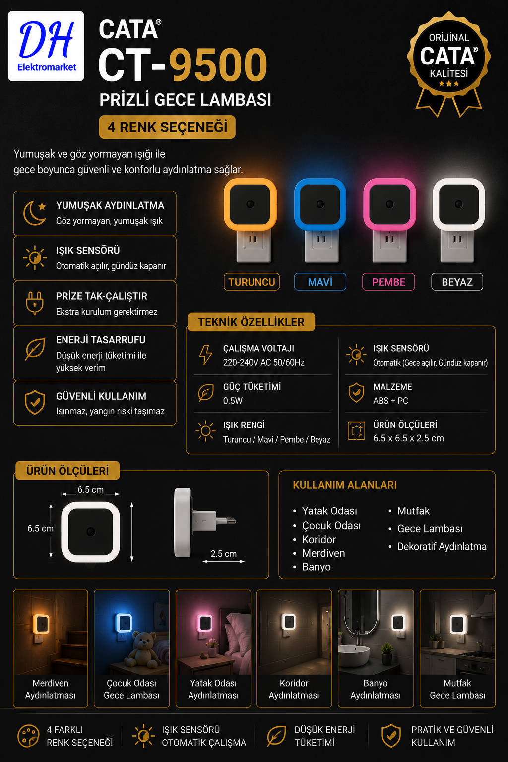 CATA CT-9500 Prizli Gece Lambası Işık Sensörlü 4 Renk Seçenekli (Turuncu - Mavi - Pembe - Beyaz)