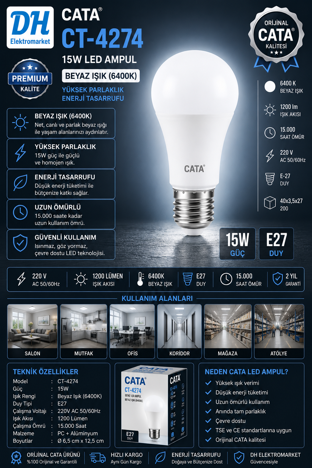 CATA CT-4274 15W LED Ampul Beyaz Işık (6400K) E27