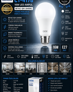 CATA CT-4178 16W LED Ampul E27 Beyaz Işık (6400K) 1200 Lümen