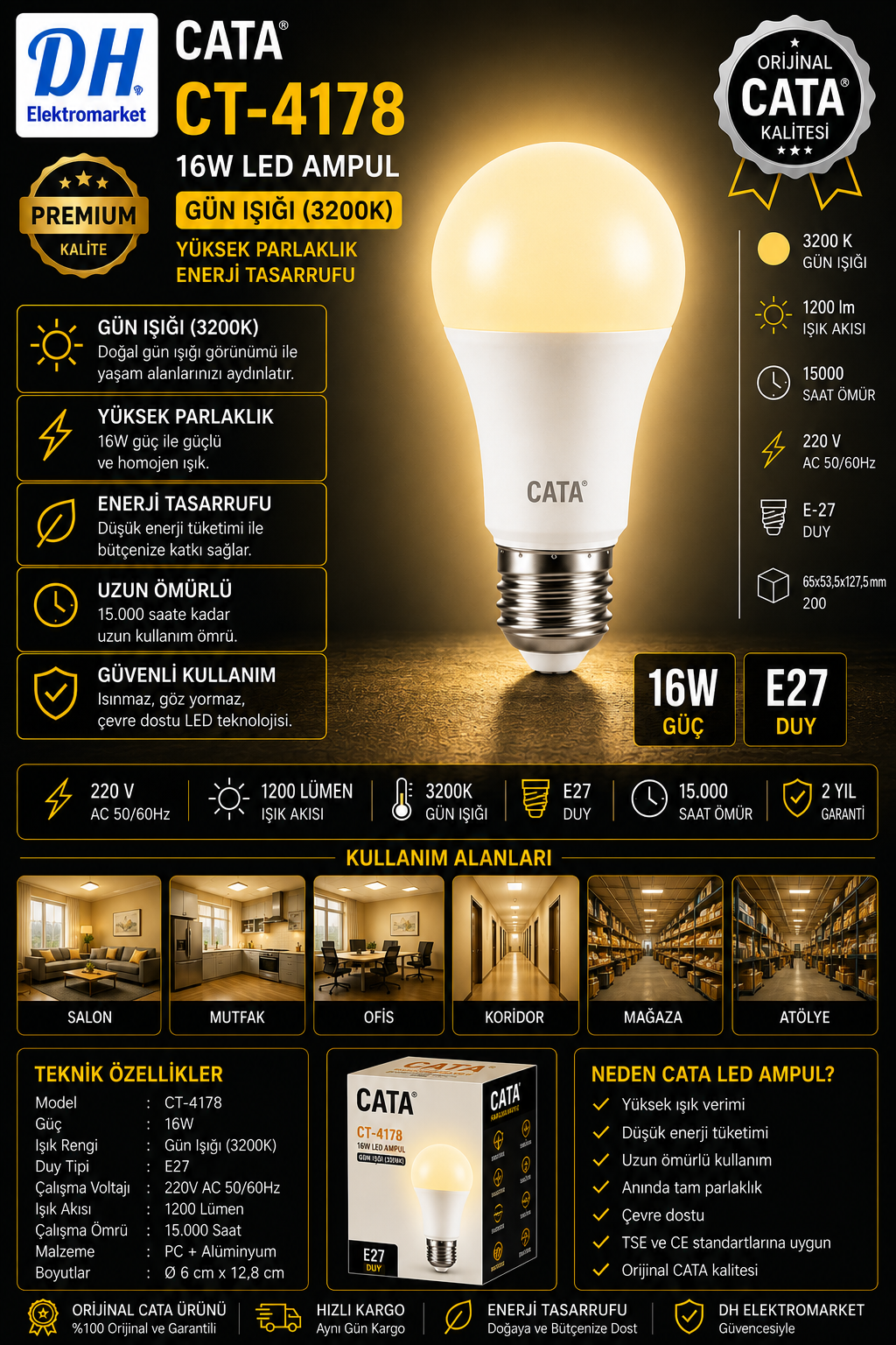 CATA CT-4178 16W LED Ampul E27 Gün Işığı (3200K) 1200 Lümen