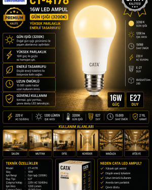 CATA CT-4178 16W LED Ampul E27 Gün Işığı (3200K) 1200 Lümen