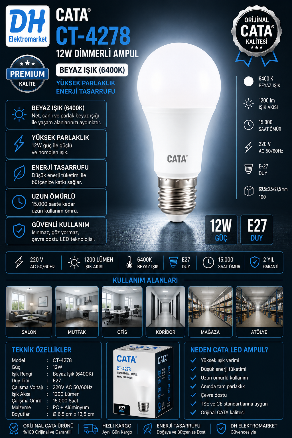 CATA CT-4278 12W Dimmerli LED Ampul E27 Beyaz Işık (6400K)