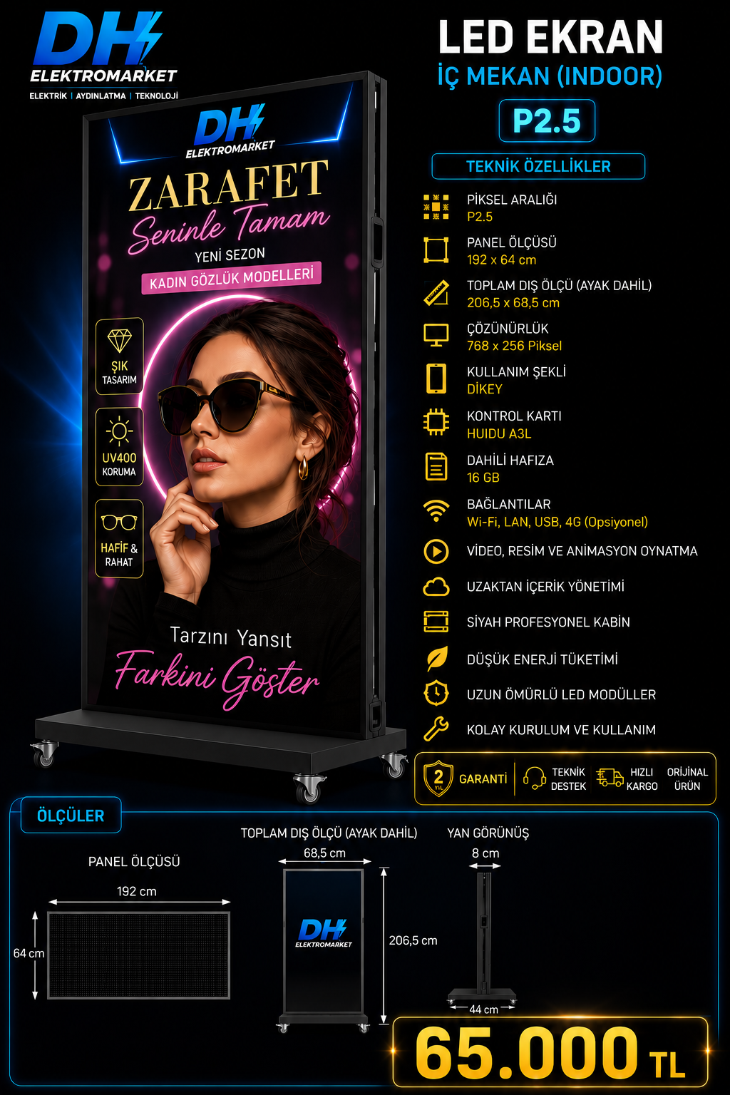 P2.5 İç Mekan LED Reklam Ekranı 192×64 cm | 768×256 Piksel | Wi-Fi Kontrollü | Tekerlekli