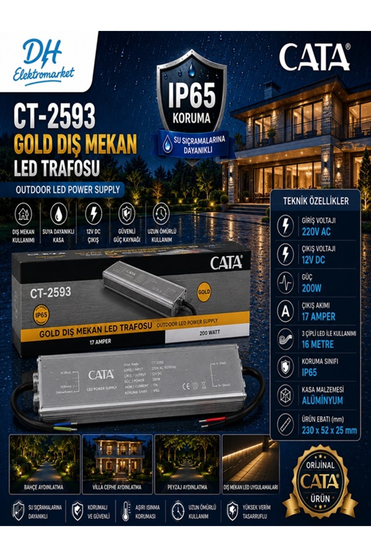 CATA CT-2593 Gold Dış Mekan LED Trafosu 200W 17A 12V DC IP65