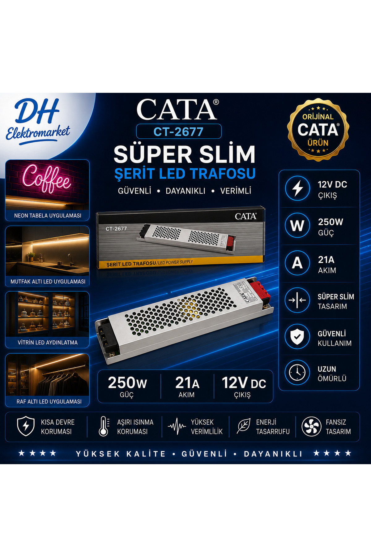 CATA CT-2677 Süper Slim Şerit LED Trafosu 250W 21A 12V DC