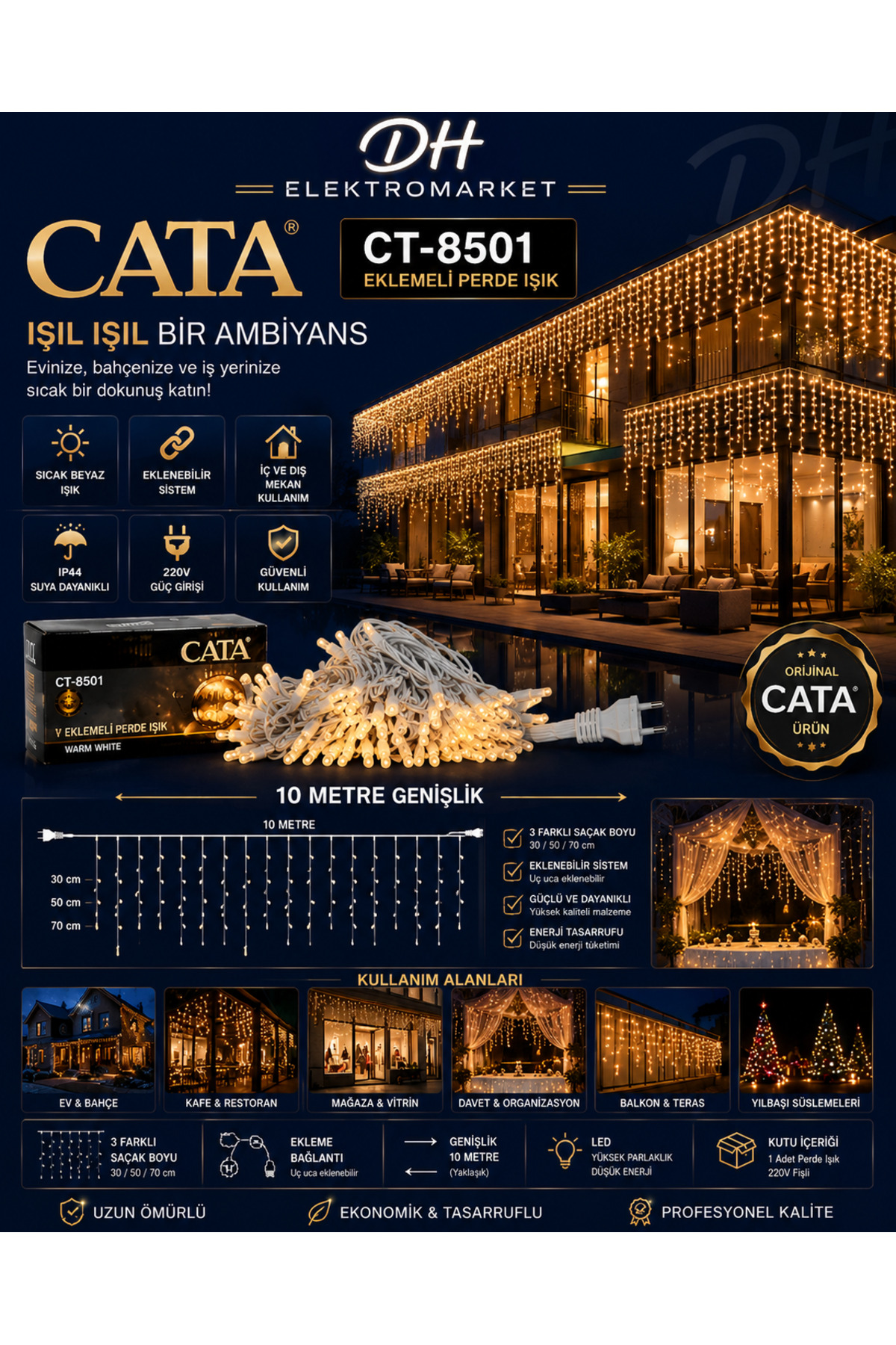 CATA CT-8501 Eklemeli Perde Işık 10 Metre – Sıcak Beyaz LED Dekoratif Aydınlatma