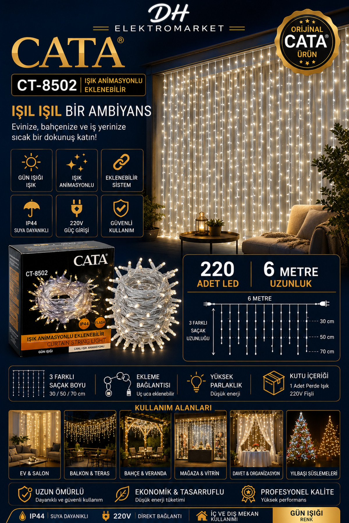 CATA CT-8502 Işık Animasyonlu Eklenebilir Perde Işık 220 LED 6 Metre Gün Işığı