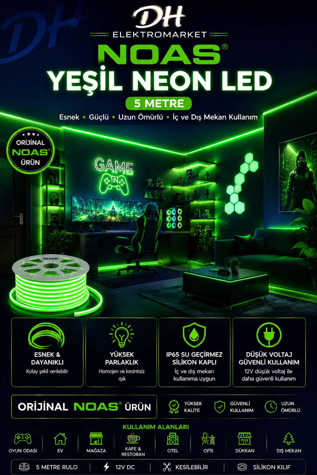 NOAS Yeşil Neon LED 5 Metre – 12V Silikon Kılıflı Esnek Neon Aydınlatma