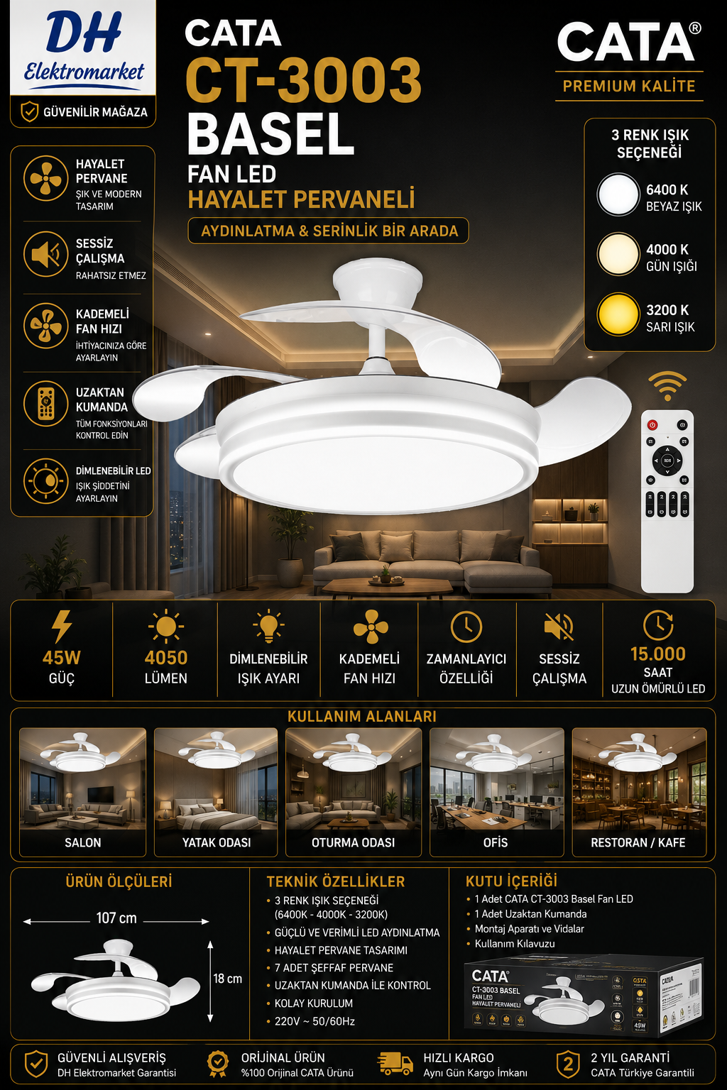 CATA CT-3003 Basel LED Tavan Vantilatörü